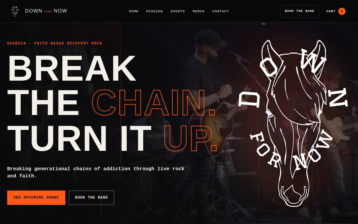Desktop view of the real Down for Now website, featuring its Break the Chain hero